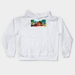 Red warehouse shed on the railroad Kids Hoodie